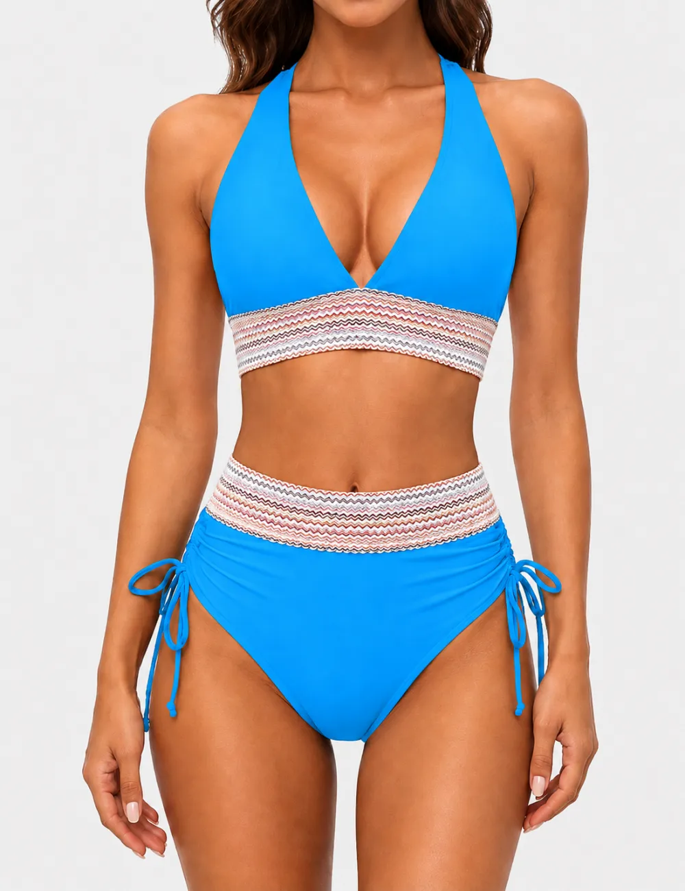 Deep V Neck Colorful Zigzag Smocked Trim Bikini Set