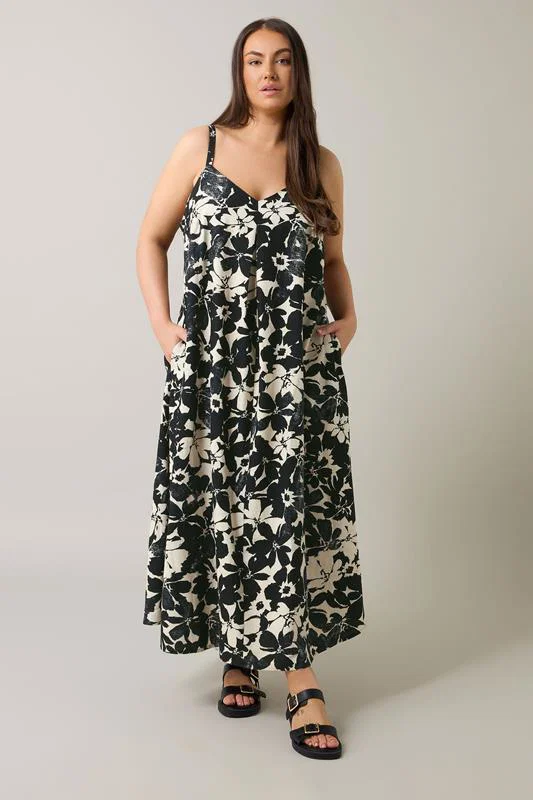 Black Floral Print Pleat Front Linen Dress detail 1