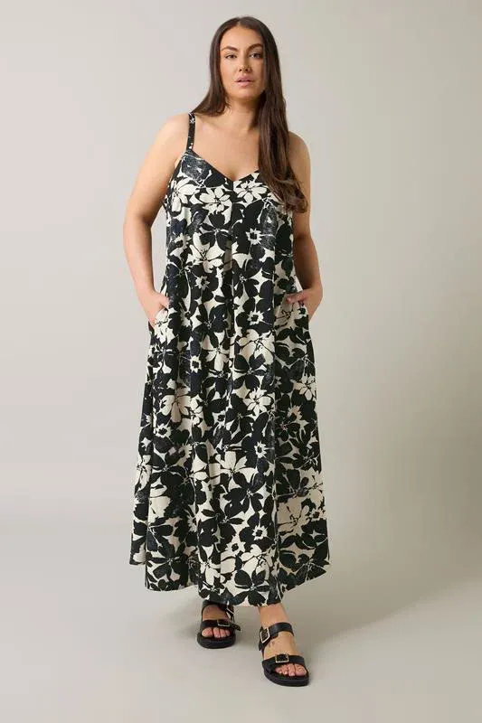 Black Floral Print Pleat Front Linen Dress