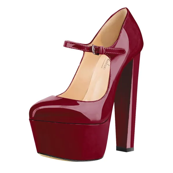 Patent Finish Round Toe Platform Chunky Heel Ankle Strap Pumps