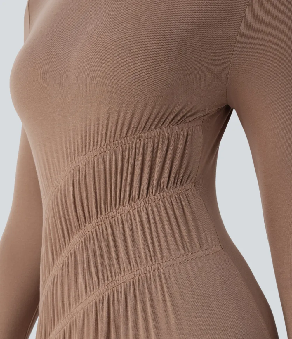 Ribbed Round Neck Long Sleeve Plicated Flare Flowy  Maxi Casual Dress