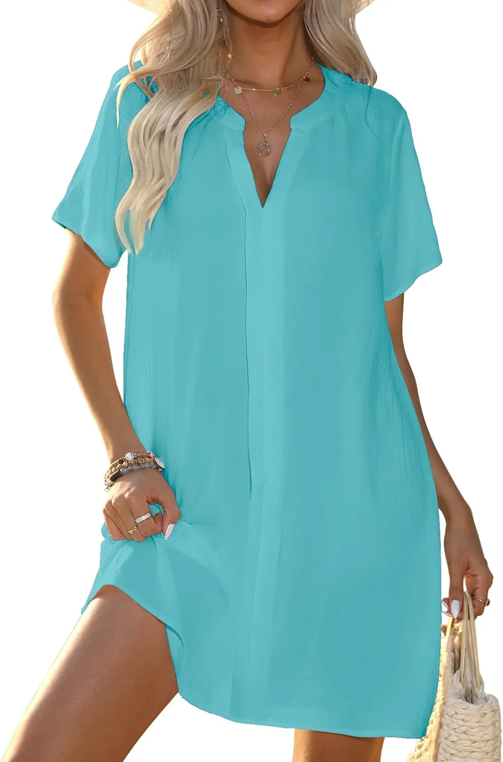 Women's Swimsuit Coverup V Neck Short Sleeve Beach Cover Ups