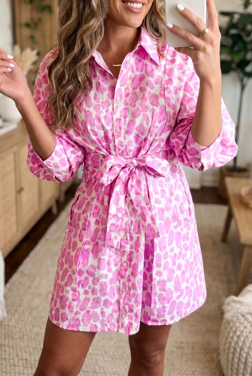 Women's Leopard Print Printed Puff Sleeve Tie Waist Mini Dress