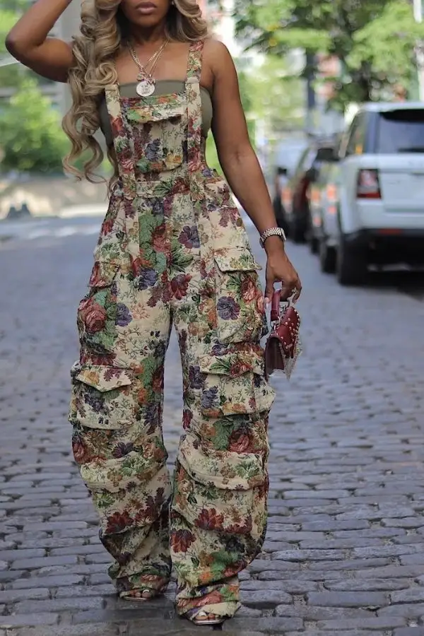 Floral Print Suspenders Pocket Jumpsuit