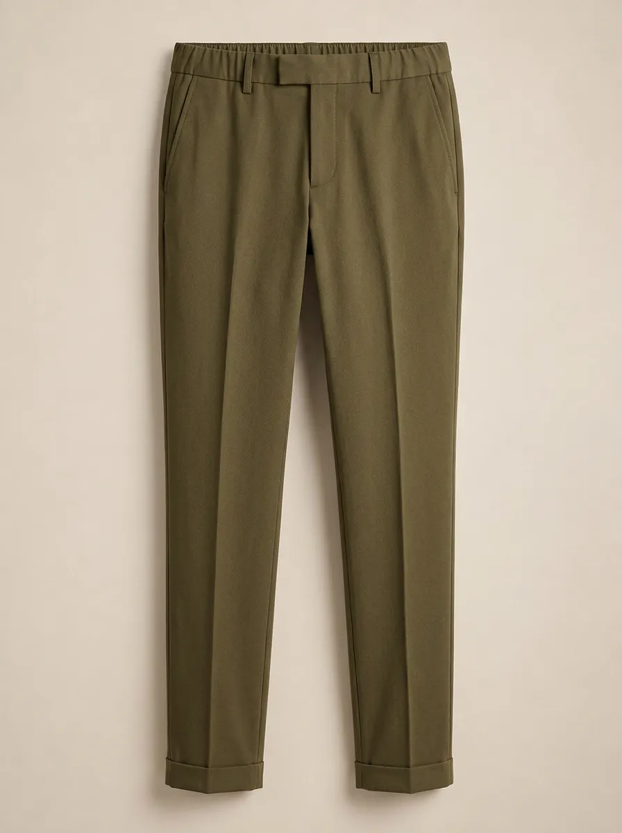 Men's Olive Green Elastic Waist Slim Fit Casual Trousers