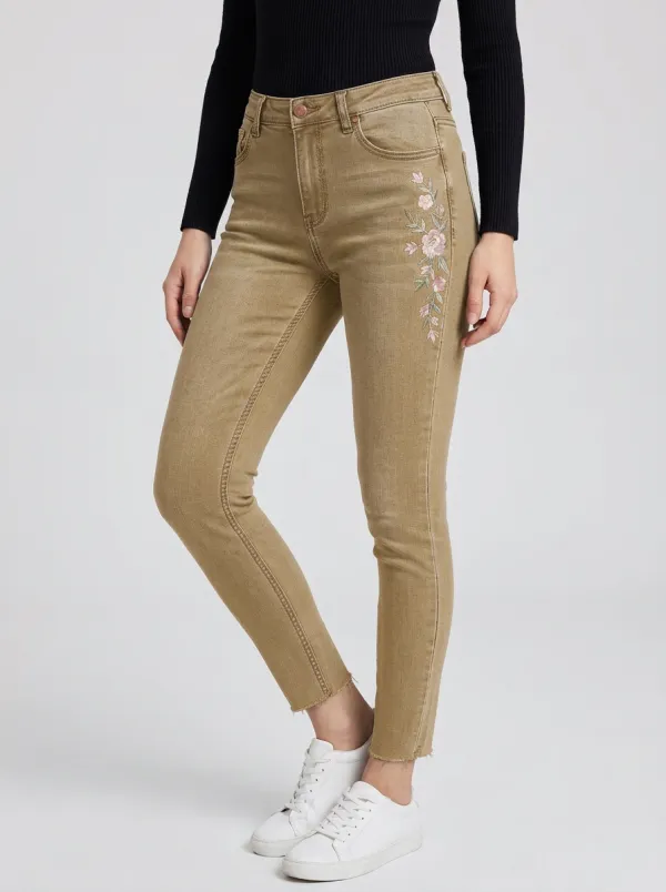 Women's Floral Pink Flower Embroidered Slim Jeans