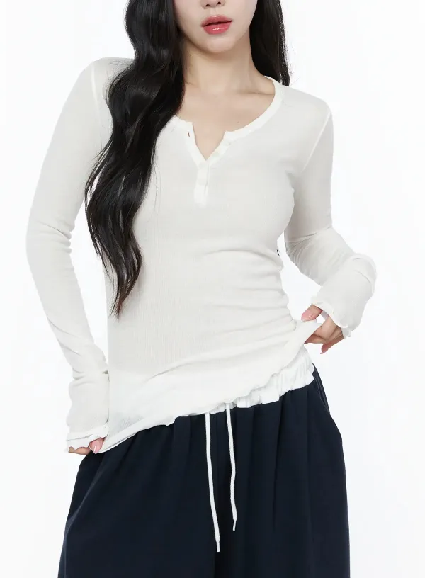 Slim-Fit Henley Neck Long Sleeve Tee
