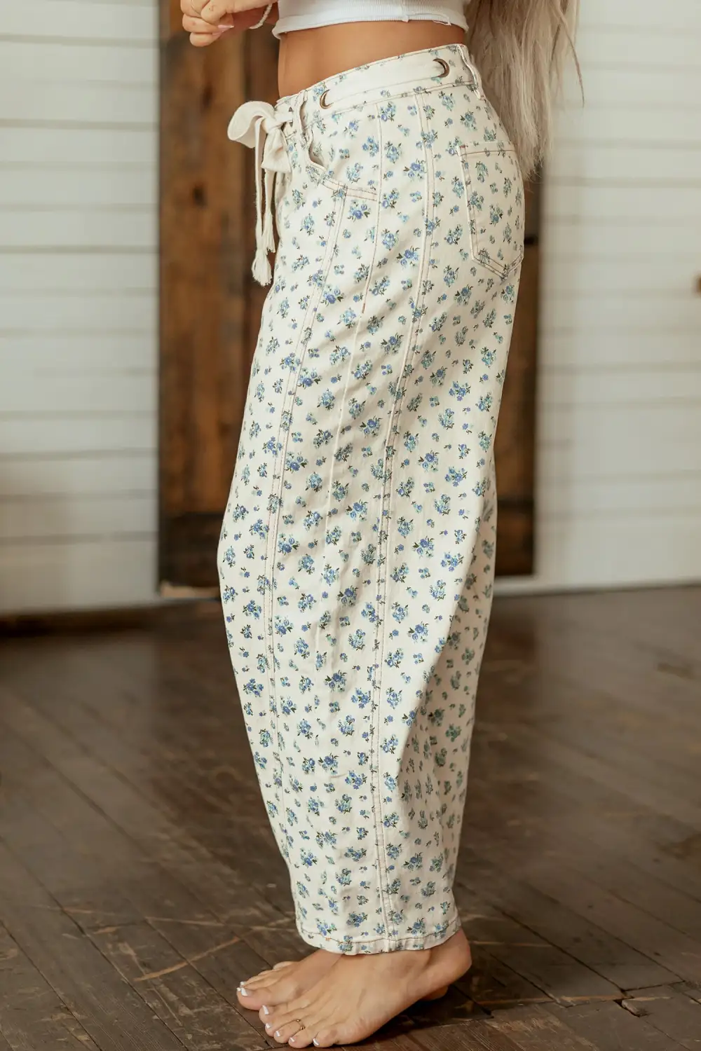 Women's Grommet Knot Waist Floral Barrel Leg Jeans