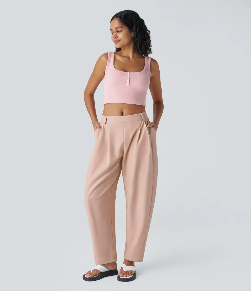 Mid Rise Plicated Side Pocket Barrel Leg Work Pants