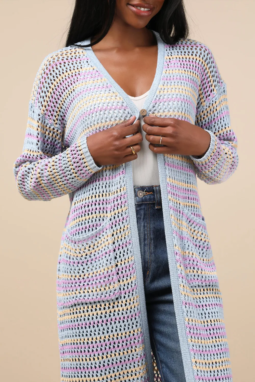 Light Blue Multi Striped Openwork Cardigan