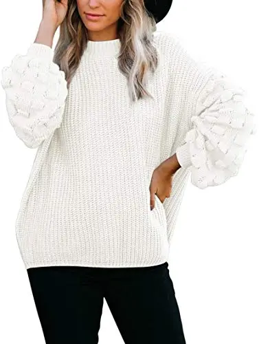 Women's Cute Oversized Crewneck Loose Puff Sleeves Chunky Knit Pullover Sweater