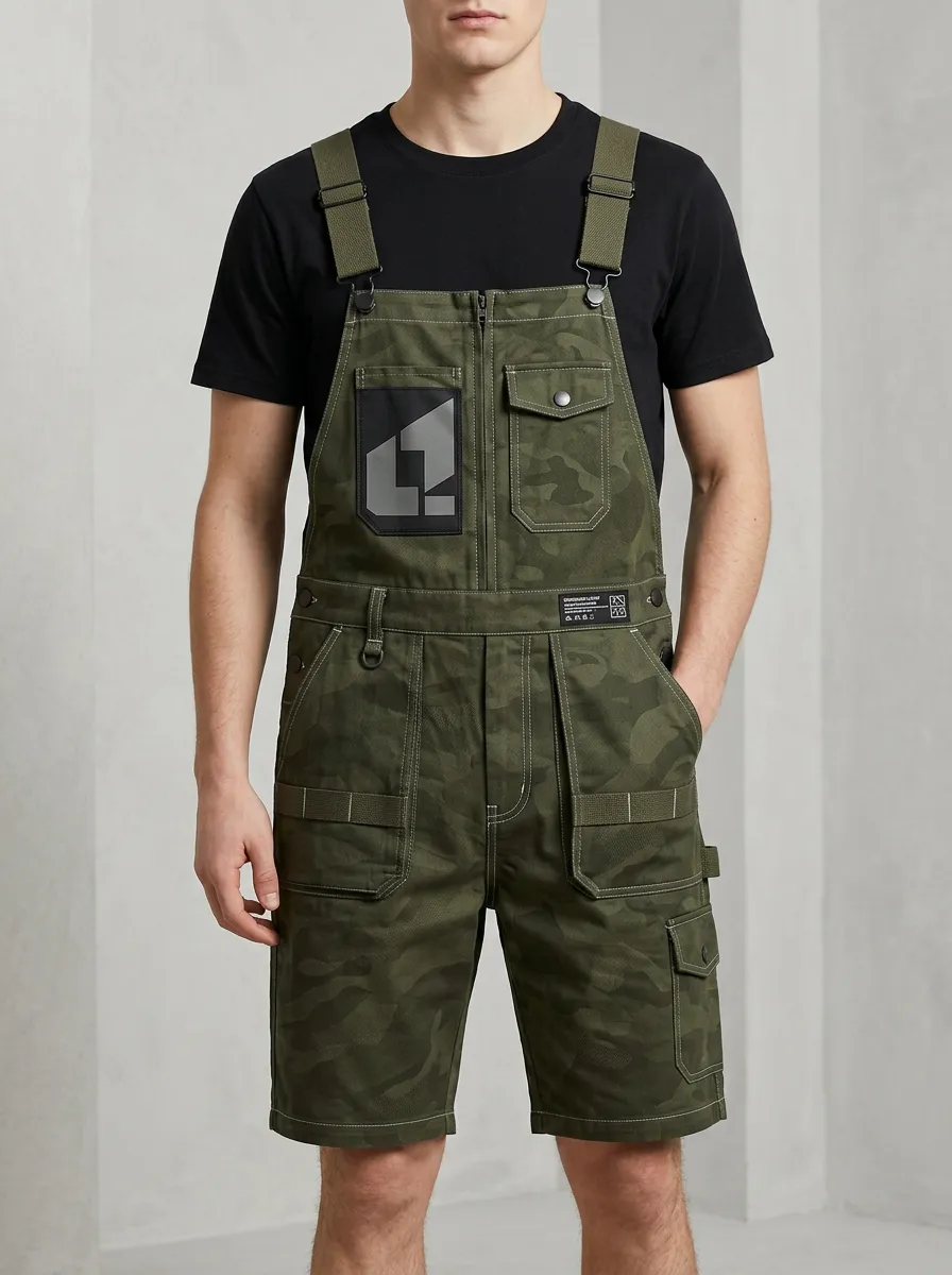 Men's Tactical Style Camo Printed Cargo Bib Overalls Shorts