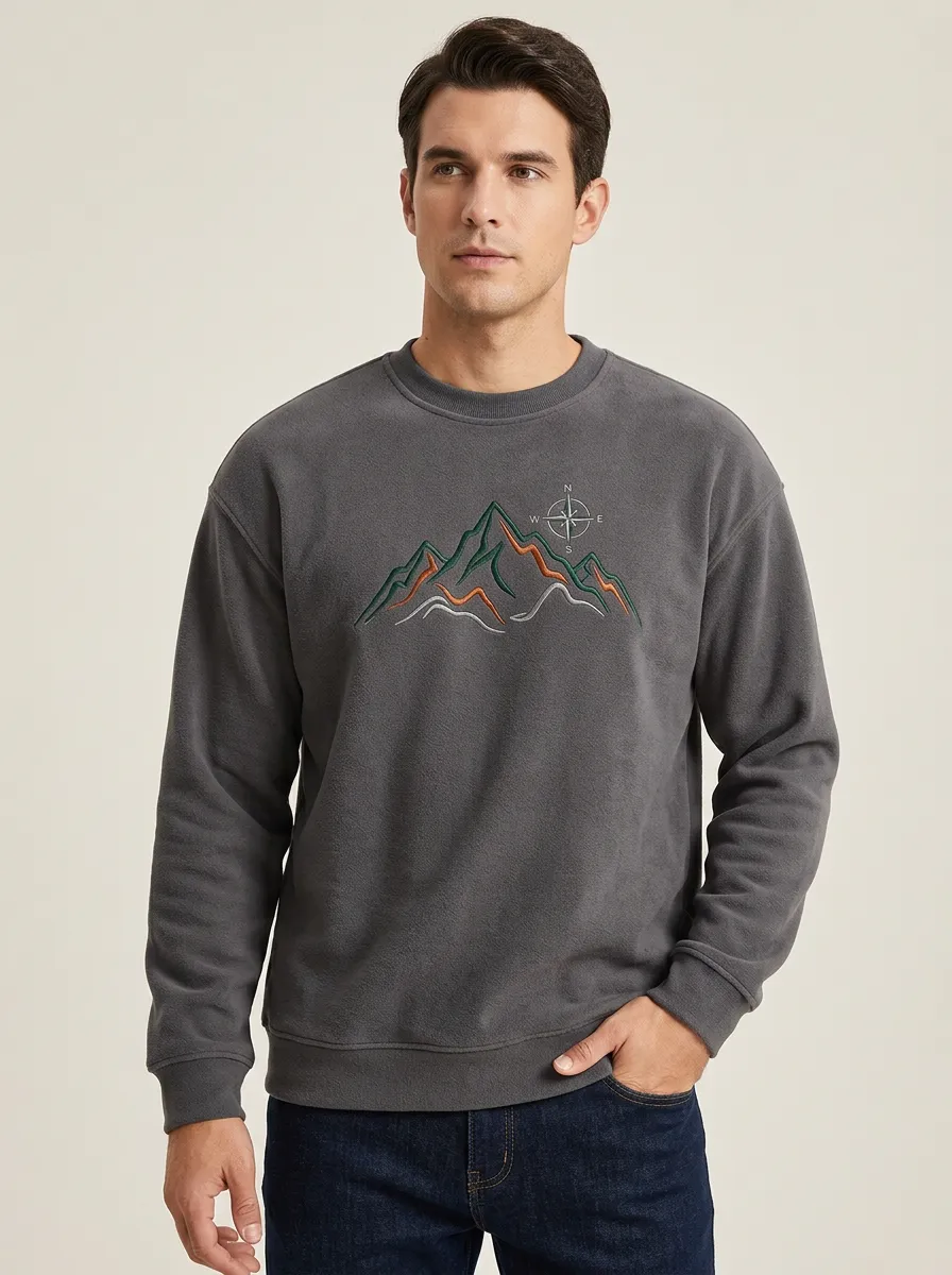 Men's Charcoal Outdoor Mountain Compass Embroidered Fleece Sweatshirt