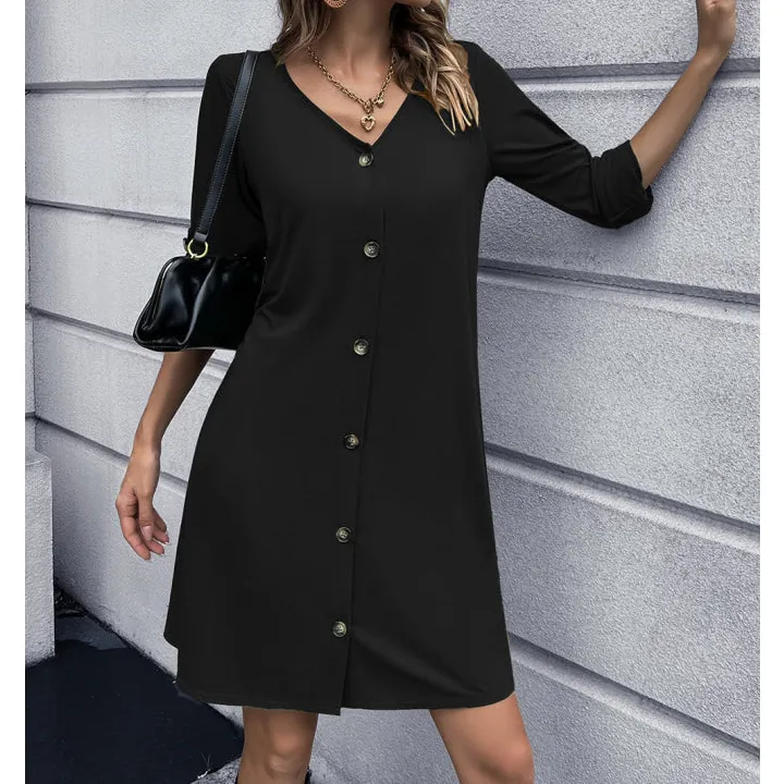 Button Down V-Neck Mini Dress