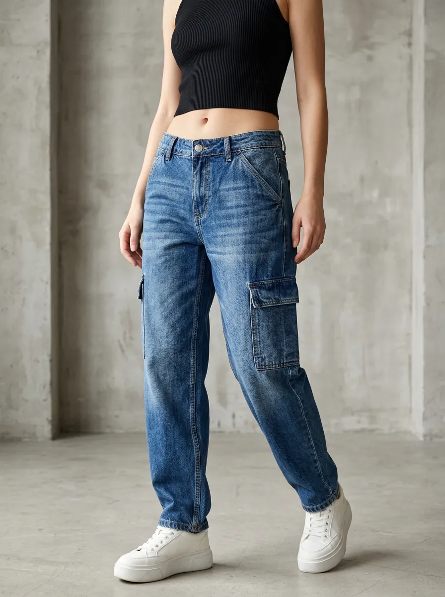 Women's Casual Streetwear Blue Denim Cargo Pants