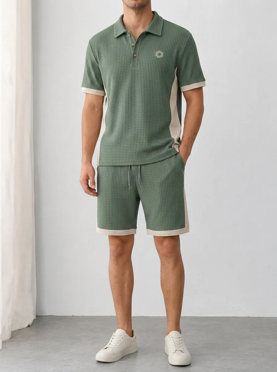 Men's Casual Waffle Knit Colorblock Polo Shirt
