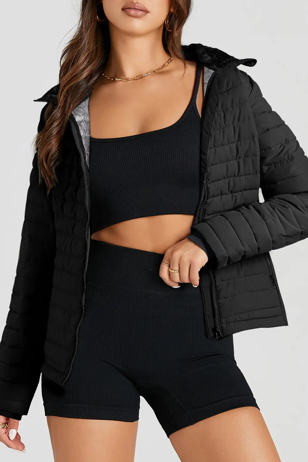 Women's Solid Quilted Zip Up Puffer Jacket