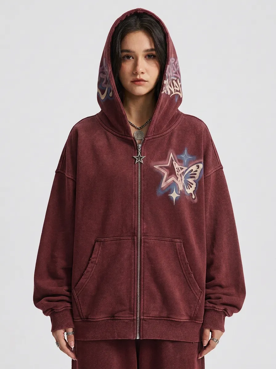Unisex Streetwear Butterfly Star Printed Zip-up Hoodie