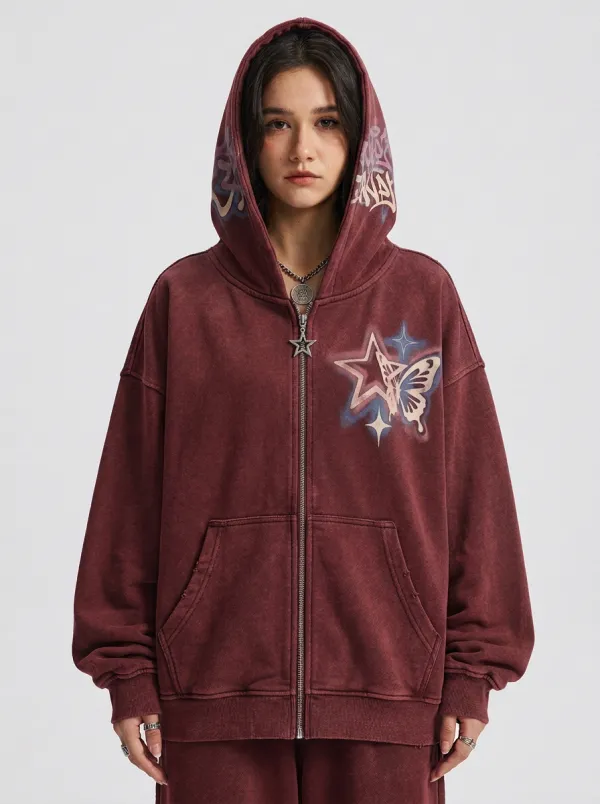 Unisex Streetwear Butterfly Star Printed Zip-up Hoodie