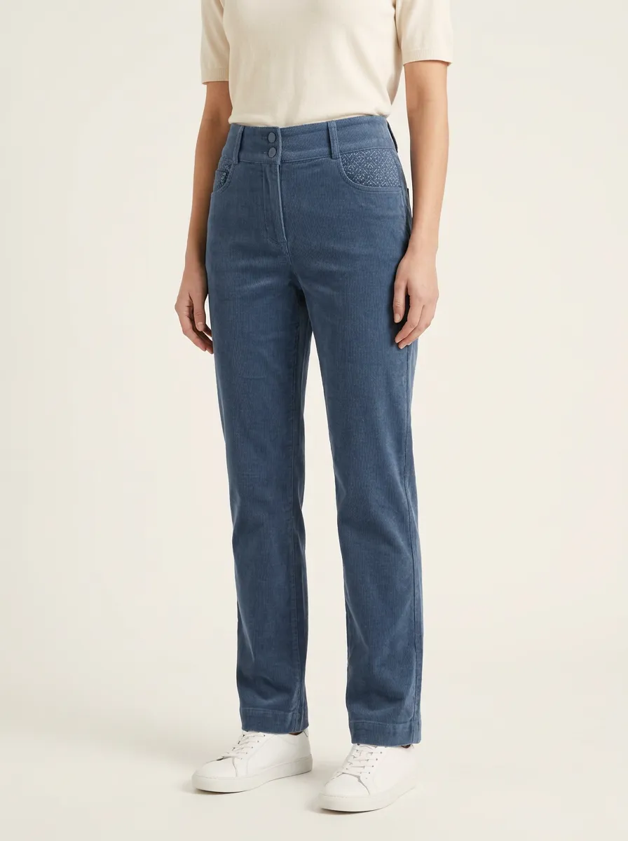Women's Geometric-Embroidered High-Rise Corduroy Straight-Leg Pants