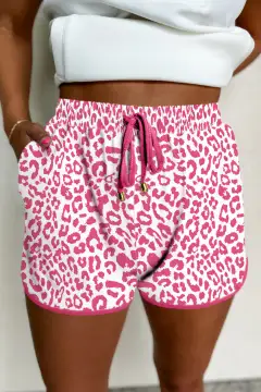 Leopard Elastic Waist Lace Up Contrast Trim Casual Shorts