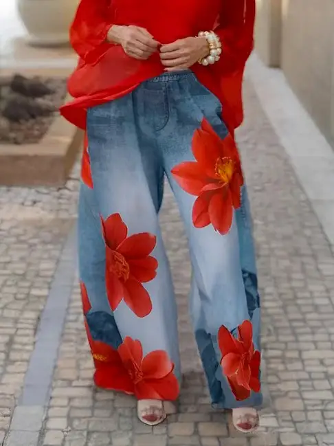Floral Print Relaxed Fit Wide Leg Jeans