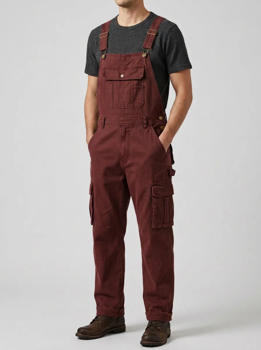 Men's Casual Utility Olive Green Cargo Overalls