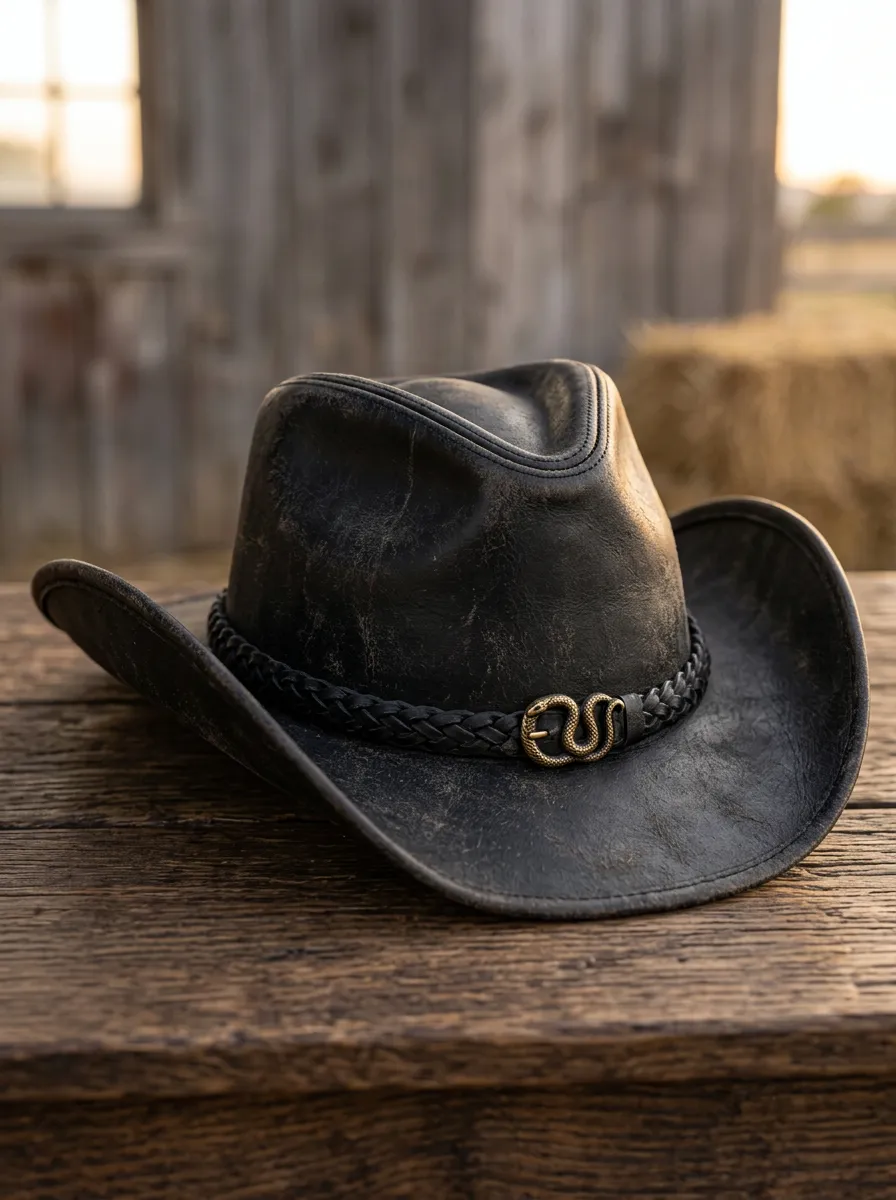 Unisex Leather Cowboy Hat with Buckle Detail