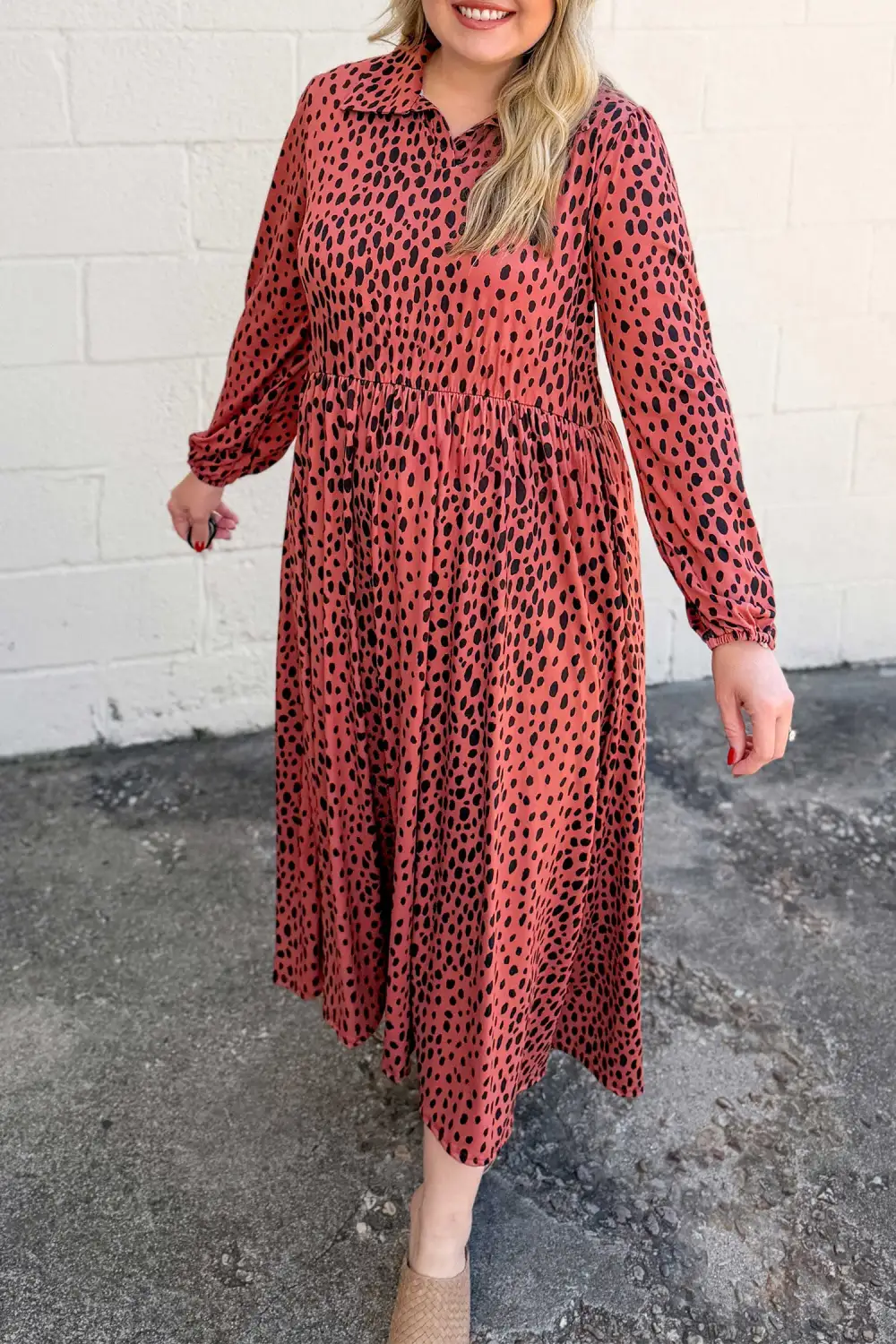 Women's Leopard Print Printed V Neck Long Sleeve Midi Dress