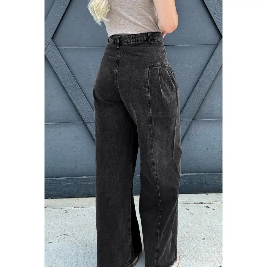 Dark Pleated Wide Leg Mineral Wash Denim Pants