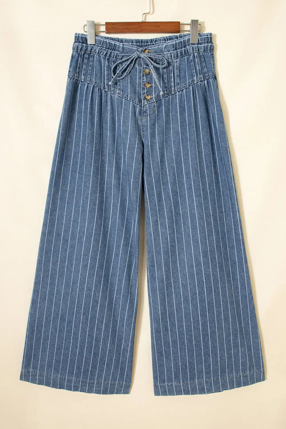 Women's Stripe Button Pleated Drawstring Waist Casual Wide Leg Jeans