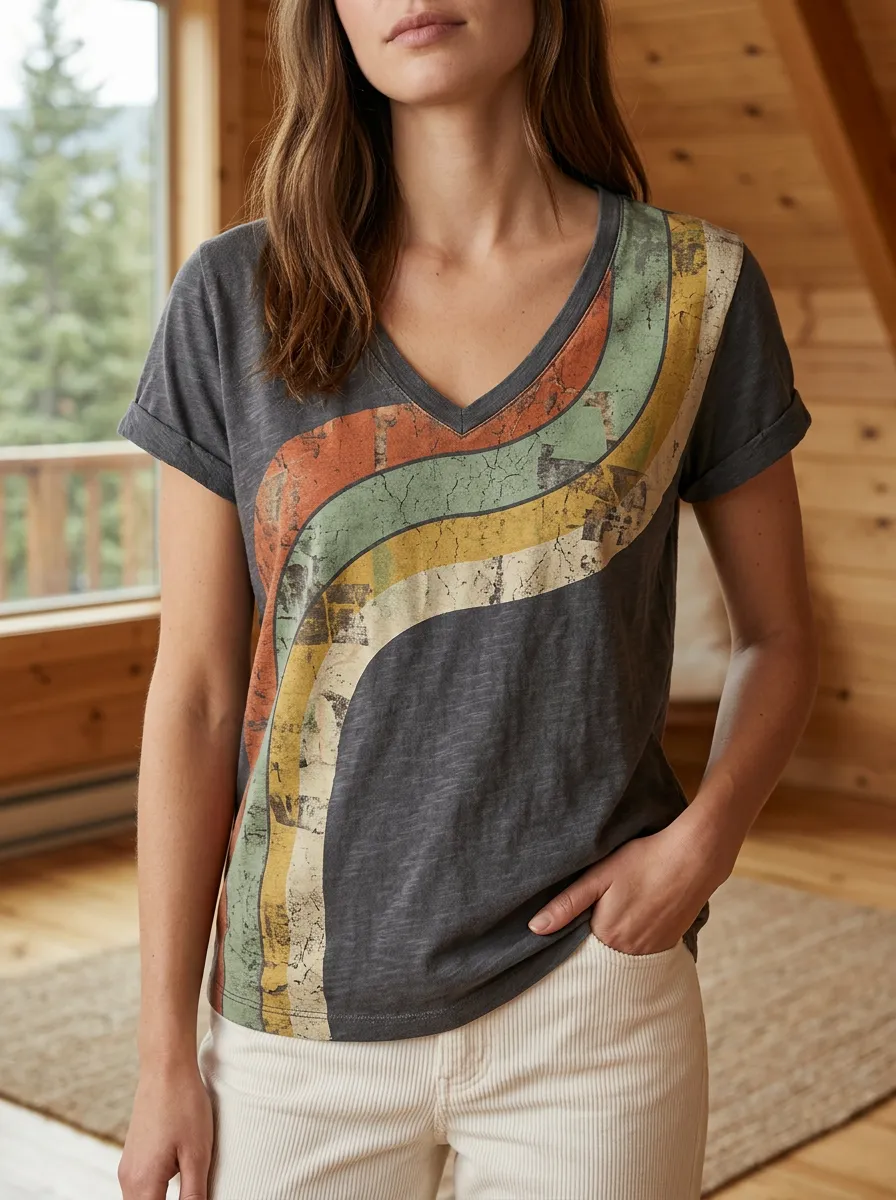 Women's Retro Rainbow Stripe Distressed Printed V-Neck T-Shirt