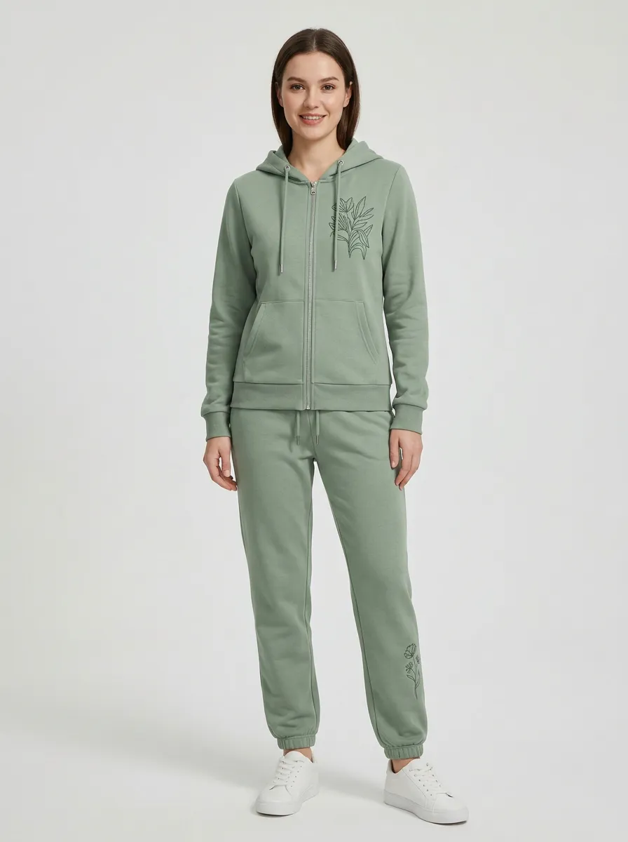 Women's Sage Green Floral Embroidered Relaxed Zip-Up Hoodie Jacket & Jogger Set