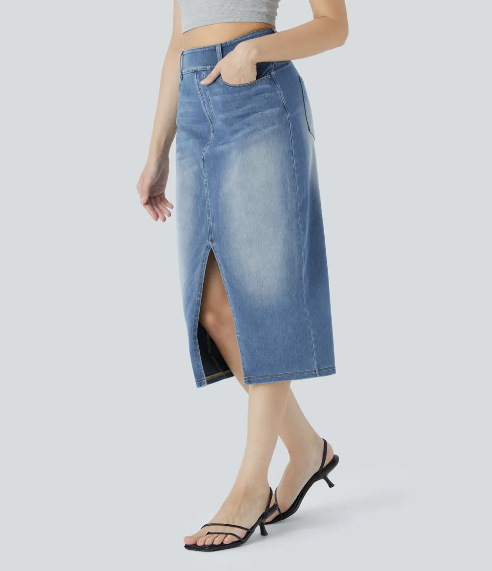 Magic High Waisted Multiple Pockets Bodycon Split Washed Stretchy Knit Denim Casual Midi Skirt