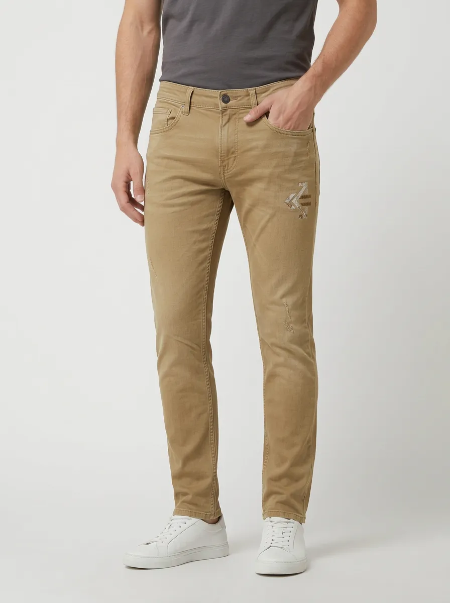 Men's Mid-Blue Arrow Distressed Slim Fit Jeans