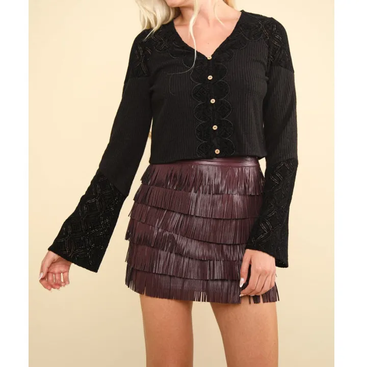 Casual V Neck Lace Detail Button Down Crop Ribbed Knit Top