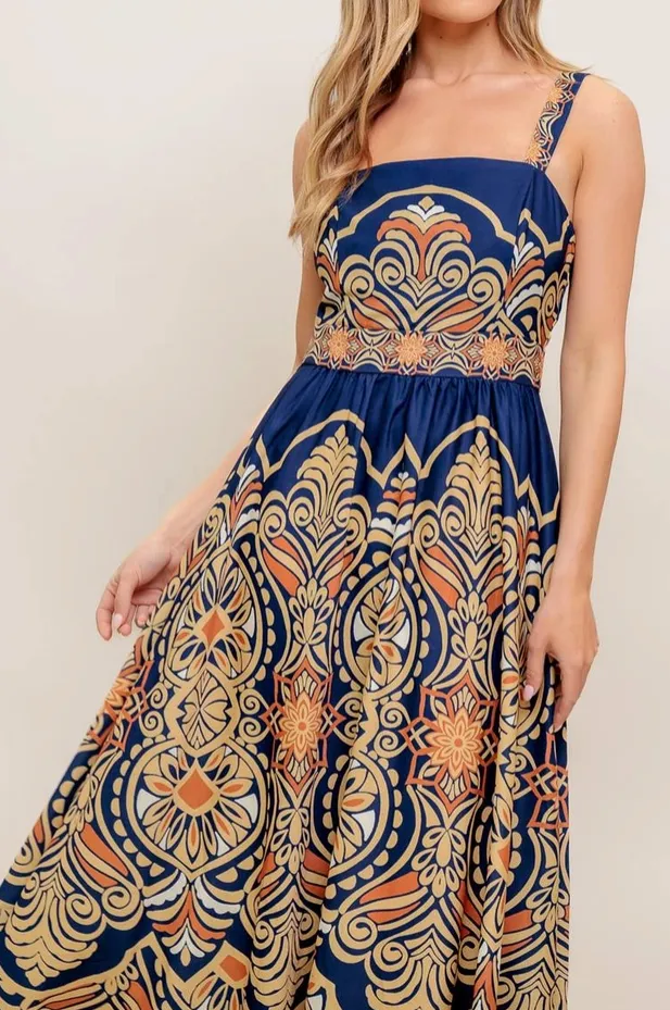 Navy Ornate Print Flowy Midi Dress