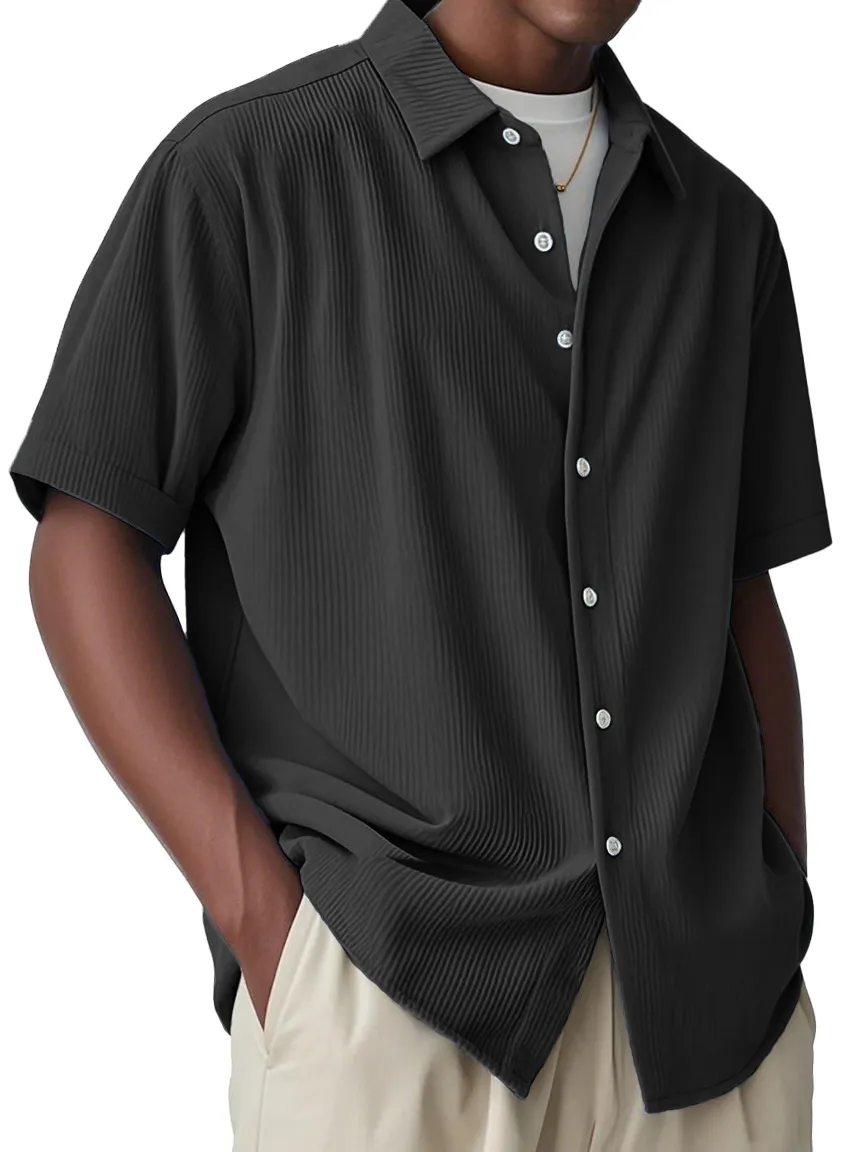 Short Sleeve Open Collar Striped Shirt