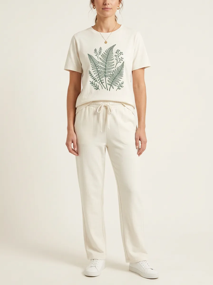 Women's Drawstring Crewneck T-Shirt and Straight-Leg Pants Set