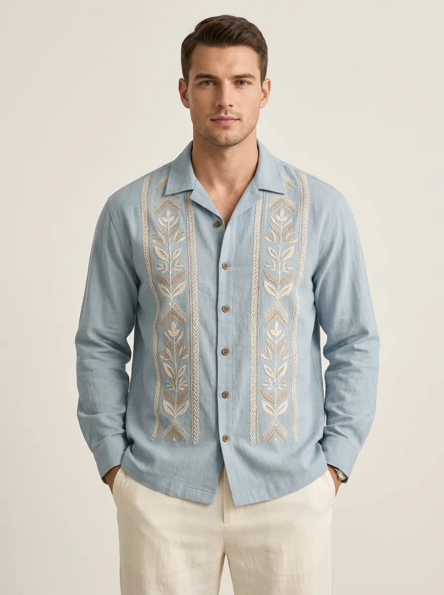 Men's Floral Artful Embroidered Long Sleeve Shirt