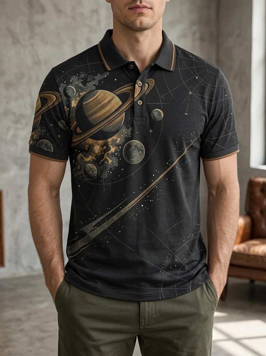 Men's Astronomy Lover Saturn Planet Printed Polo Shirt Modern Casual Style