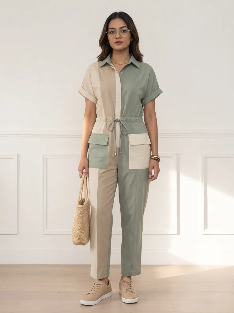 Women's Casual Sage Beige Colorblock Utility Jumpsuit