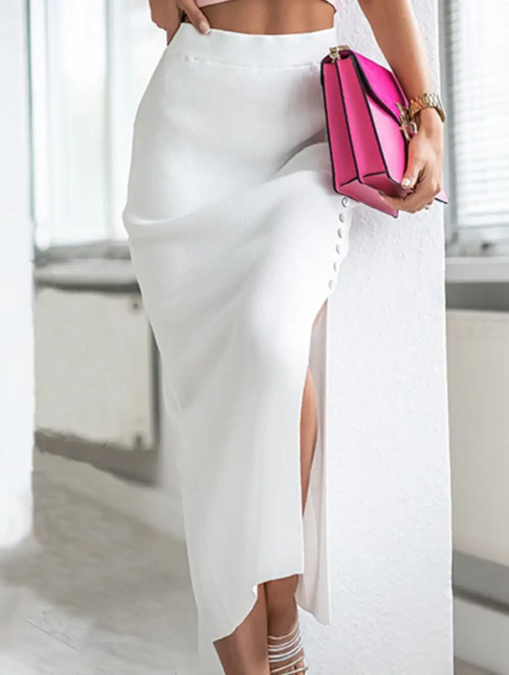 Ribbed Button Front Slit Midi Skirt
