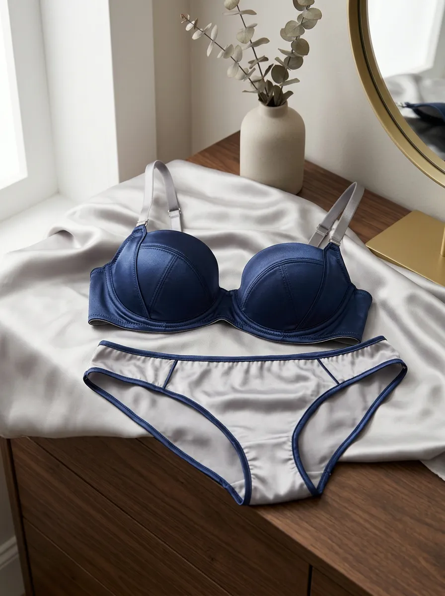 Women's Satin Contrast Trim And Trim Detail Lingerie Set