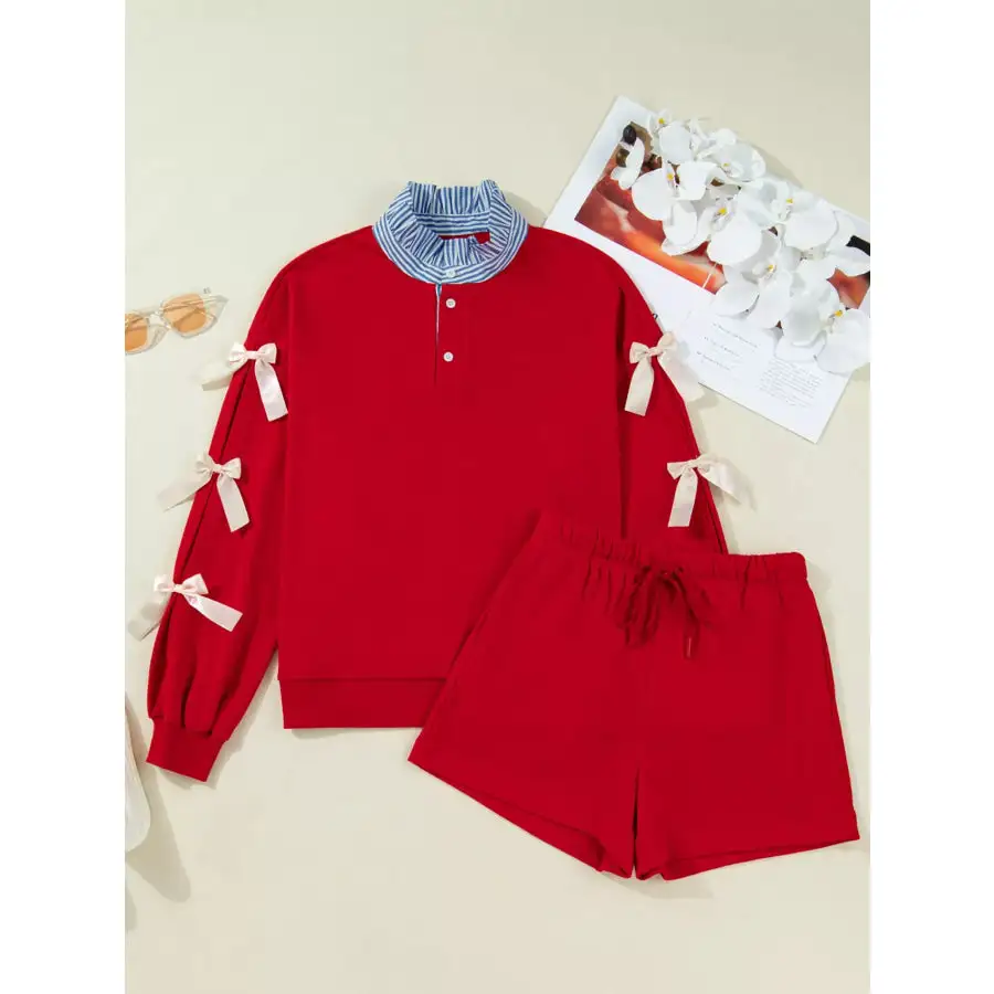 Striped Collar Patchwork Satin Bow Sweatshirt and Shorts Set