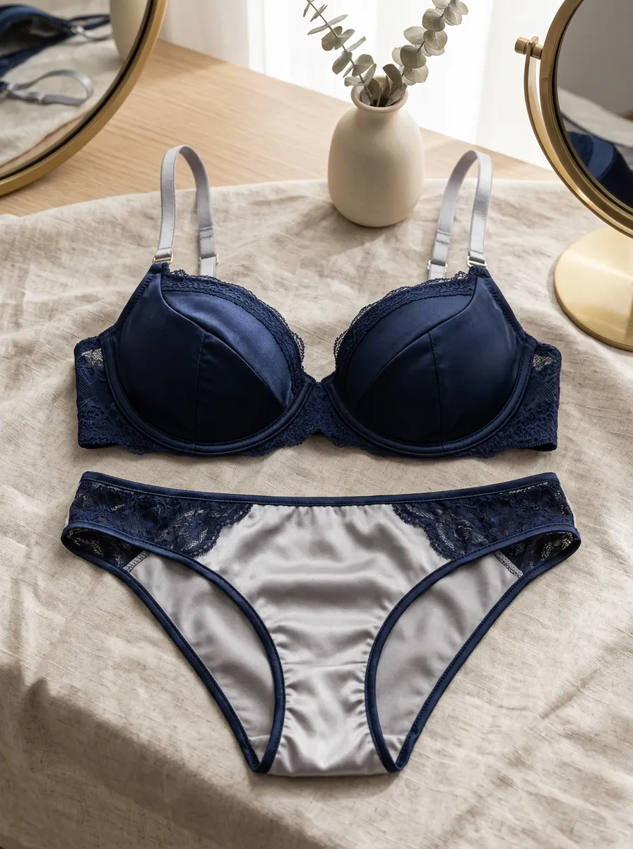 Women's Satin Lace Trimmed Satin Seamless Lingerie Set
