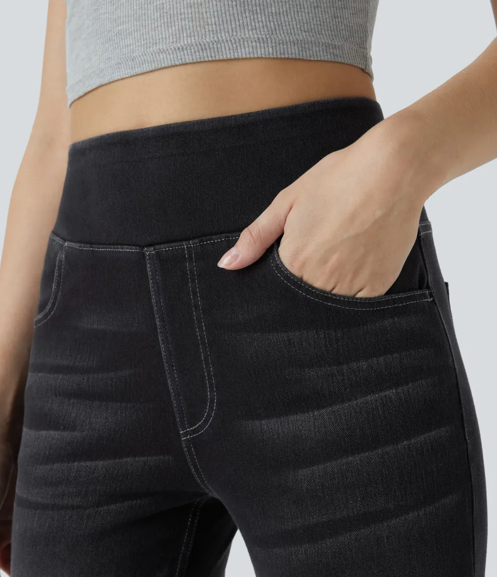 Magic High Waisted Multiple Pockets Washed Stretchy Knit Casual Bootcut Jeans