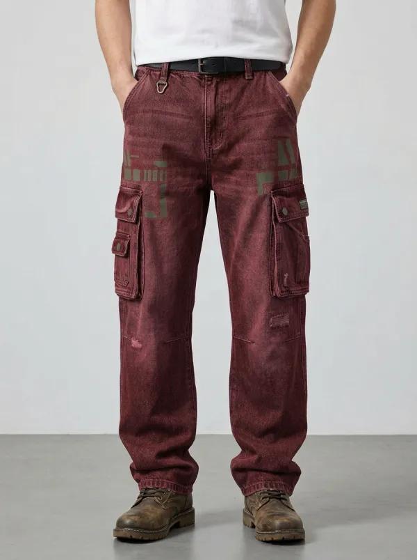 Men's Streetwear A5 Graphic Distressed Denim Cargo Jeans