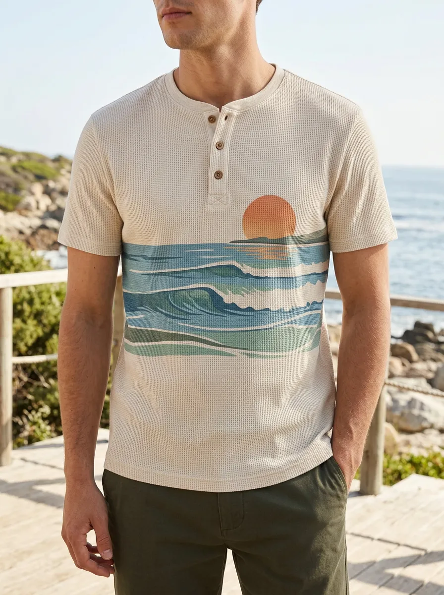 Men's Beach Lover Ocean Sunset Wave Printed Henley T-shirt