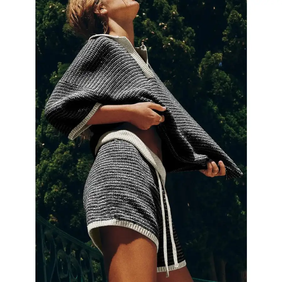 Collared Neck Contrast Striped Top and Shorts Sweater Set